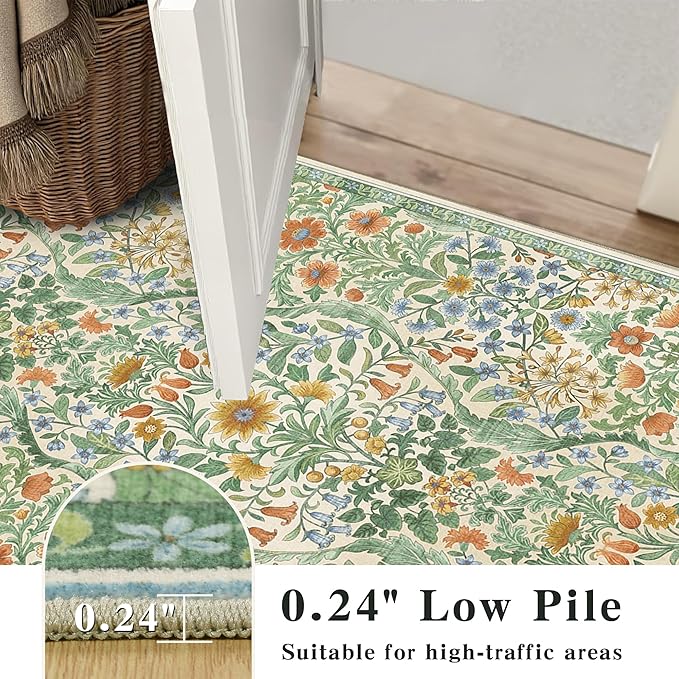 Floral 2x3 Entryway Rug,Washable Front Door Mat Indoor Non Slip Low Pile Small Carpet, Soft Grass Green Boho Botanical Throw Rug for Bathroom Bedroom Kitchen Laundry Indoor Entrance
