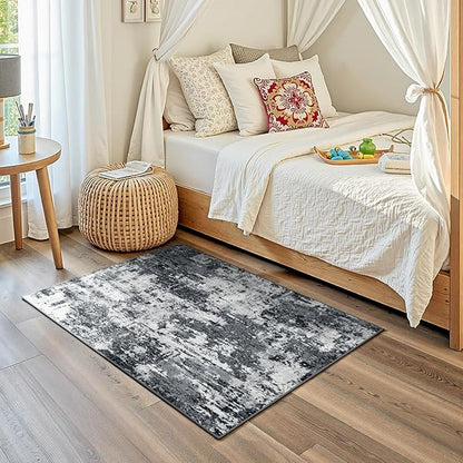 Washable Area Rugs 3'x5' Non-Slip Modern Abstract Soft for Living Room Entryway Bedroom Nursery, Print Pattern, Black Gray