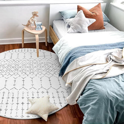 Lahome Moroccan Round Area Rug - 3Ft Round Rug Non-Slip Washable Soft Round Bathroom White Throw Small Circle Rug for Bedroom, Modern Geometric Print Low-Pile Round Rugs for Entryway Kitchen Sofa