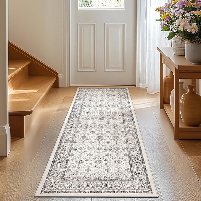 jinchan Runner Rug 2x6 - Machine Washable Beige Vintage Floral Distressed Design Soft Non-Slip Low-Pile Ultra-Thin Runner Rug for Kitchen Hallway Laundry Room Entryway Farmhouse (2‘x6', Beige)