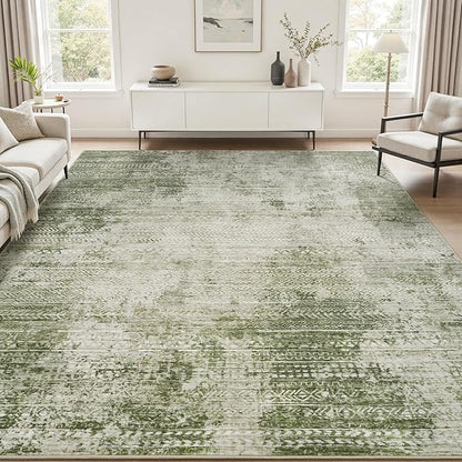 6x9 Area Rugs for Living Room Non Slip Machine Washable Rug Distressed Abstract Soft Indoor Carpet Neutral Boho Rug for Bedroom Dining Room Playroom Office, Green