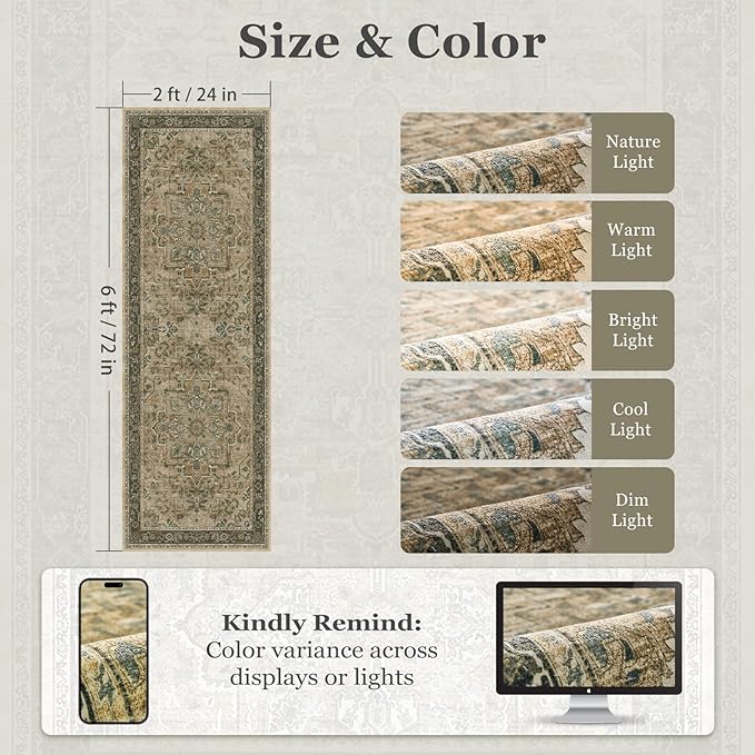 Vintage 2x6 Kitchen Runners Washable Non Slip, Low Pile Distressed Printed Carpet Runners for Hallway 6ft Indoor Entryway/Bedroom Bedside/Laundry Room/Bathroom, Multi Brown/Green