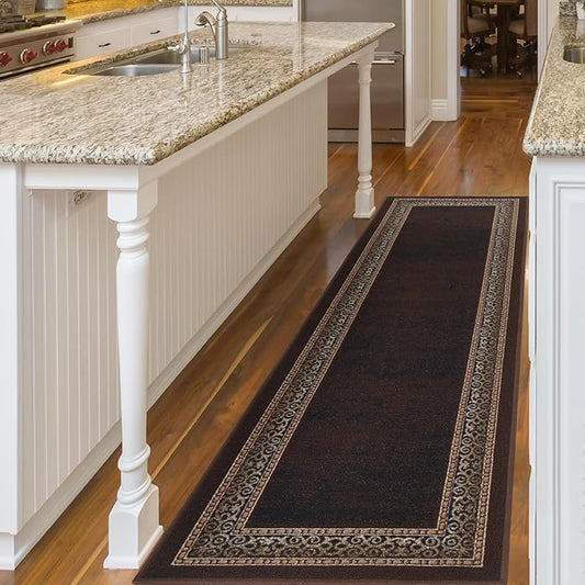 Antep Rugs Alfombras Bordered Modern 2x7 Non-Slip (Non-Skid) Low Pile Rubber Backing Indoor Area Runner Rug (Brown, 2' x 7')