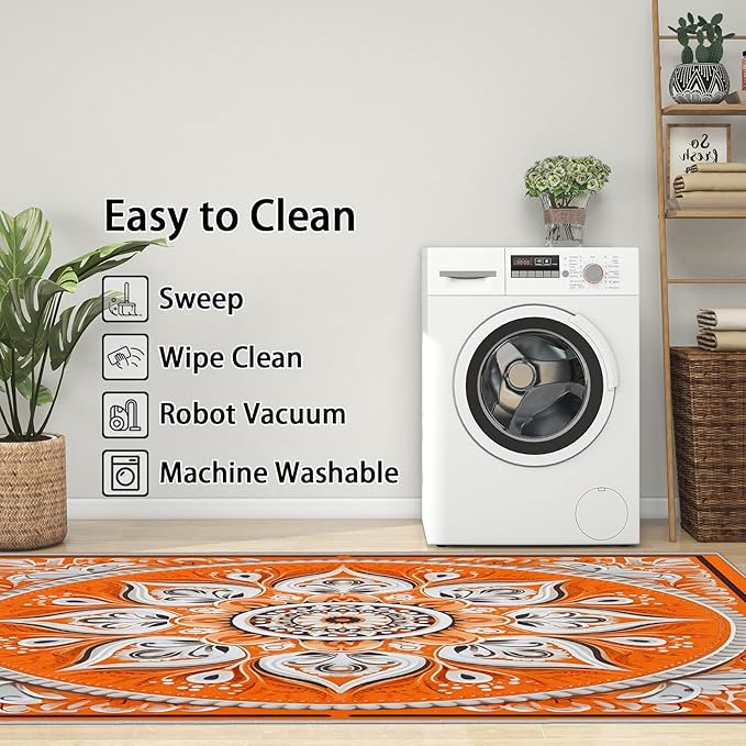 Mandala Rugs 5x7-8x10 Area Rugs, Orange Mandala Living Room Rug, Vintage Meditation Rug for Bedroom, Hippie Spiritual Washable Carpet, Boho Vintage Floral Home Decor & Gifts