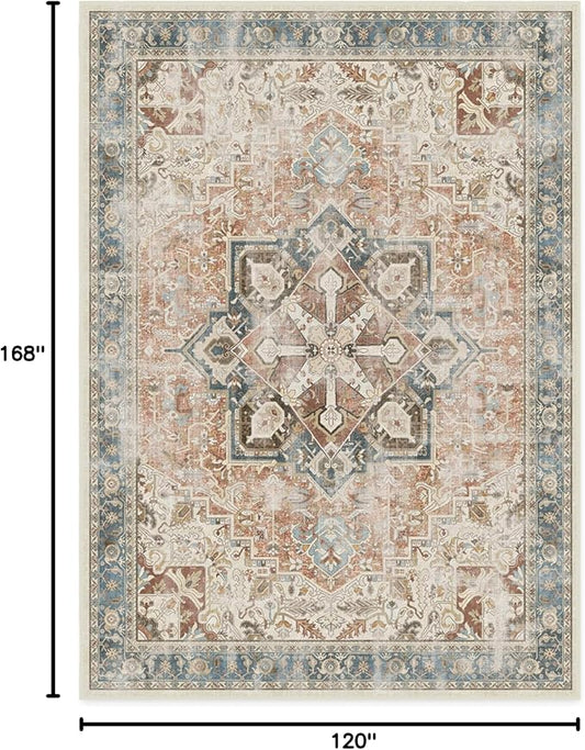 RUGGABLE Washable Vintage Area Rug – Kamran Coral 10x14, Stain-Resistant, Non-Slip – Large Machine Washable Rugs for Living Room, Bedroom, Hallway, Entryway & Office–with Cushioned Pad