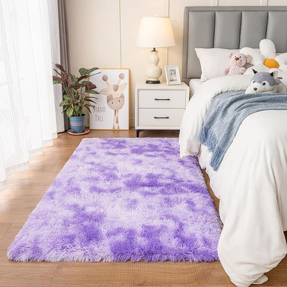 duduta Purple Plush Rugs for Bedroom 4x6 ft, Tie Dye Fluffy Carpet for Living Room, Shag Rug for Kids Room Dorm Nursery Playroom