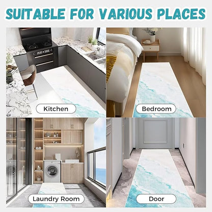 Beach Pattern 2.6x8ft Runner Rug Non Slip Washable Kitchen Runner Rug with Rubber Backing，Low-Pile Soft Washable Runner Rugs for Hallway Entryway Kitchen Bedroom Living Room Bathroom