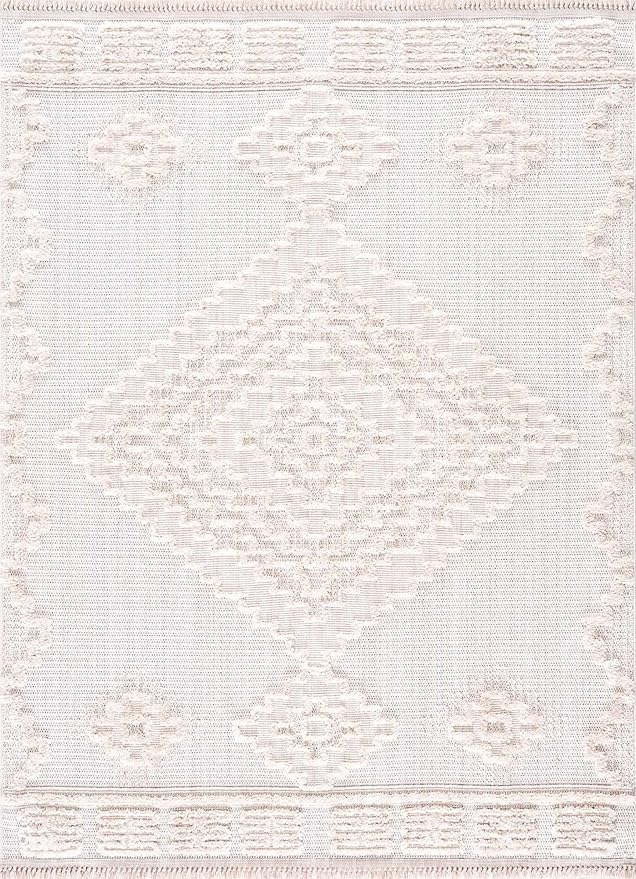 Hauteloom Rosales Farmhouse Living Room Bedroom Modern Moroccan Medallion Area Rug - Soft Shaggy High Low Carpet - High Pile - Bohemian, Boho - White, Beige, Cream - 7'10" x 10'