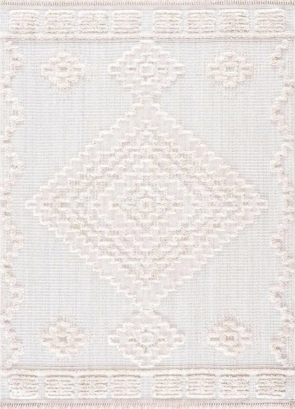 Hauteloom Rosales Farmhouse Living Room Bedroom Modern Moroccan Medallion Area Rug - Soft Shaggy High Low Carpet - High Pile - Bohemian, Boho - White, Beige, Cream - 6'7" x 9'