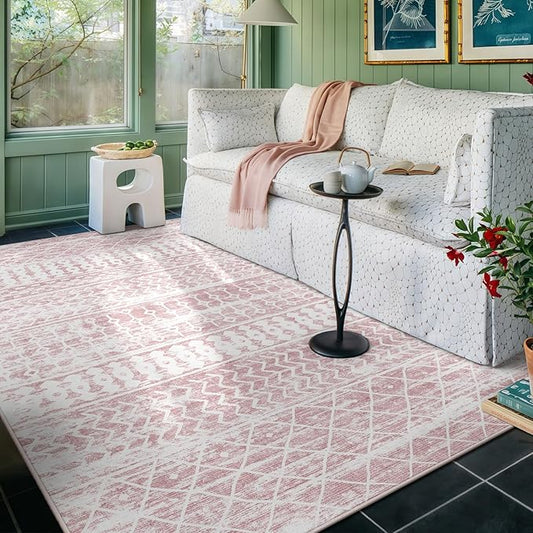 5x7 Machine Washable Area Rug for Living Room, Pink Vintage Moroccan Rug Large Non-Slip Low Pile Soft Faux Wool Carpet, Kids and Pets Friendly for Bedroom Dining Room Farmhouse Home Decor Rug