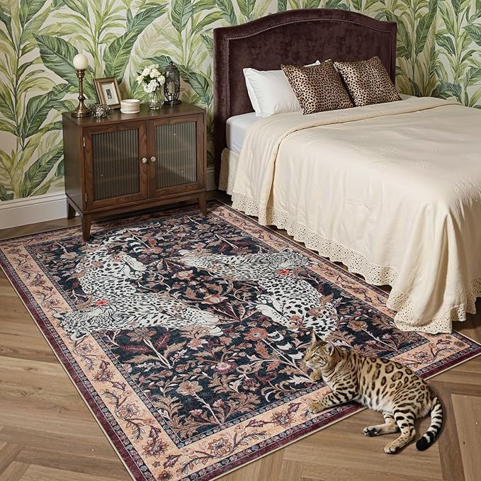 Moynesa Leopard Washable Area Rugs for Living Room, 5x7 Vintage Soft Rug for Bedroom, Non Slip Boho Ultra Thin Large Stain Resistant Throw Rug for Dining Guest Room, Puce Red