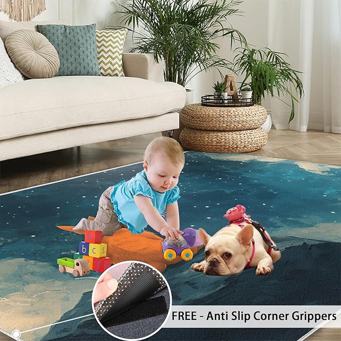 Orange Cat Rugs for Bedroom - 2x3 Area Rug - Cartoon Starry Sky Rugs for Living Room, 3D Cute Cat Rug, Non-Slip Washable Home Decor Carpet