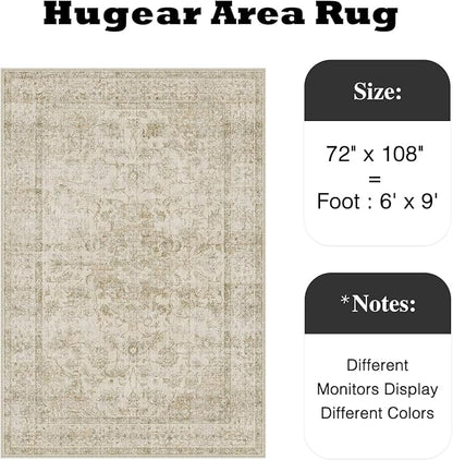 HUGEAR Retro Beige Area Rug 6x9 Machine Washable Living Room Rugs Distressed Vintage Floral Low Pile Carpet Bedroom Office Dining Room Laundry Room Non Slip Soft Lightweight