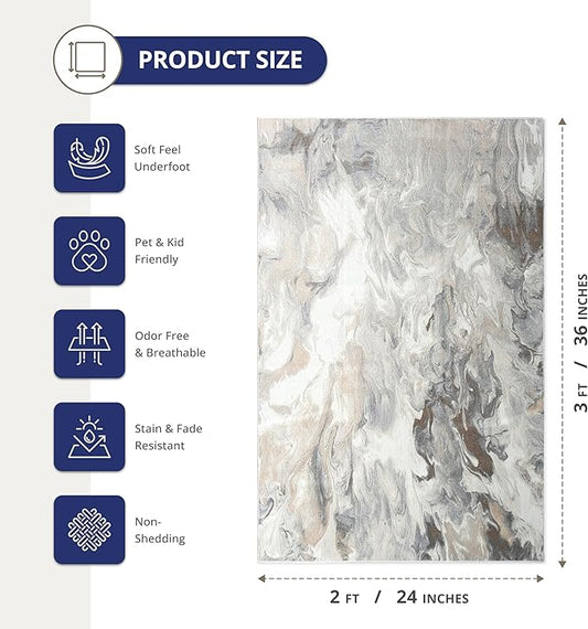 Abani Regal Beige Grey Area Rug for Living Room, Bedroom - Swirl Abstract Pattern - 2' x 3' - Durable & Easy to Clean