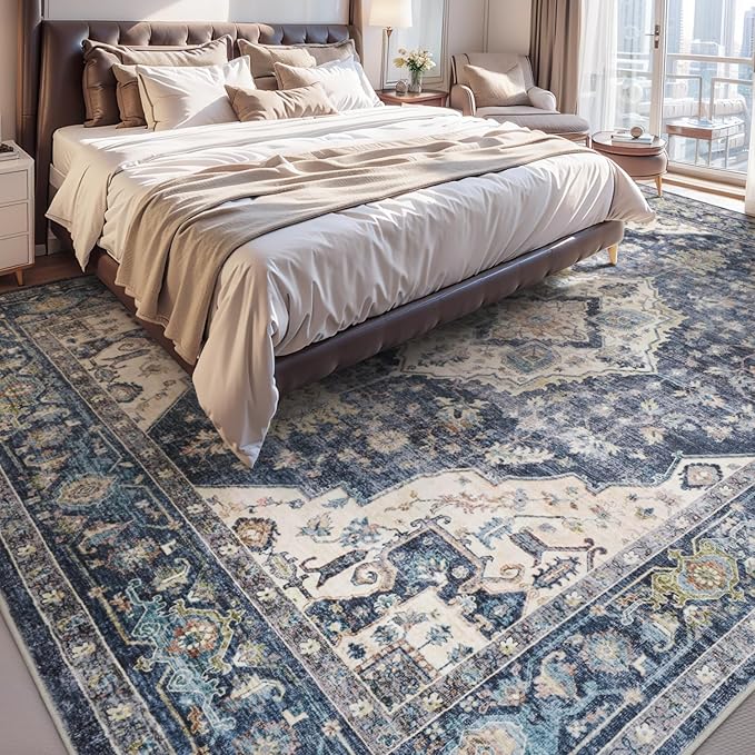 AMOAMI-Area Rug 6X9 Rugs for Living Room-Vintage Soft Blue Rugs for Bedroom-Non Slip Carpet-Machine Washable Rug for Dining Room Living Room Bedroom Office Under Table
