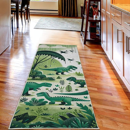 Ambesonne Dinosaur Decorative Rug, Modern Artwork of Jurassic Scenario with Dino Animals and Wild Jungle, Quality Carpet for Bedroom Dorm and Living Room, 2' 5" x 7' 5", Jade Green Teal White