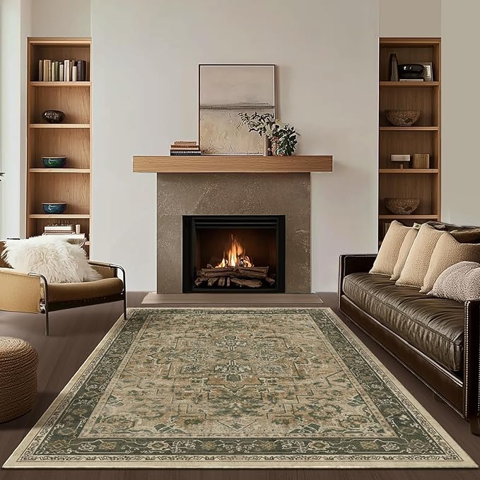 Medallione 6x8 Area Rugs for Living Room, Low Pile Thin Washable Non Slip Rugs for Bedroom Dining Room, Vintage Distressed Carpet for Home Office Guest Room, Multi Brown/Olive Accents