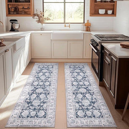 jinchan Fiora Runner Rug 3x10-2pcs Kitchen Washable Vintage Hallway Rug Floral Print Floor Cover Indoor Thin Retro Mat Accent for Bathroom Laundry Room Bedroom Office Farmhouse (Double, Dark Blue)