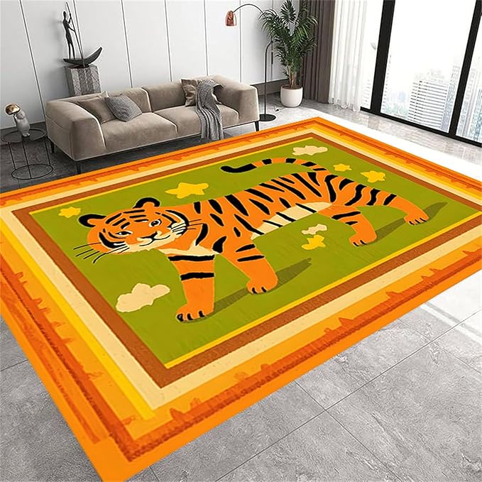 Tiger Rugs for Living Room，5x7ft,Modern Minimalist Style Orange Tiger Rug Suitable for Children's Room，Machine Washable Cute Tiger Rug for Boys and Girls Bedroom Farmhouse Restaurant