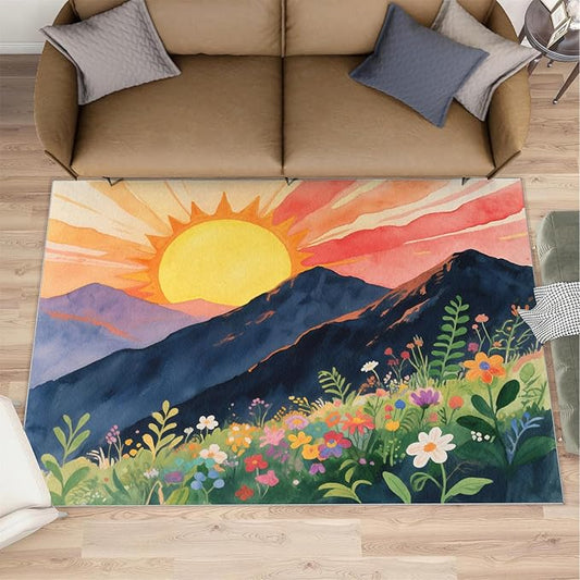 Boho Sun Area Rugs 3x4ft, Minimalist Line Kids Bedroom Rug, Geometric Solar Bedside Rug Durable Non Slip for Cafe Living Room Under Table Boys Room Decor