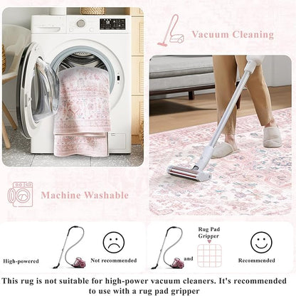 LIVEBOX Pink Washable Area Rug 5x7 - Large Vintage Tribal Living Room Non-Slip Indoor Carpet for Bedroom, Low-Pile Retro Print Distressed Accent for Nursery Dorm Home Decor