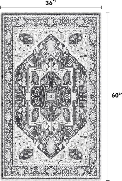 EnHomee 3x5 Washable Area Rugs for Bedroom, Boho Vintage Rugs, Foldable Area Rug for Dining Room, Non-Slip Soft Living Room Rug, Low Pile Large Carpet for Bathroom, Grey