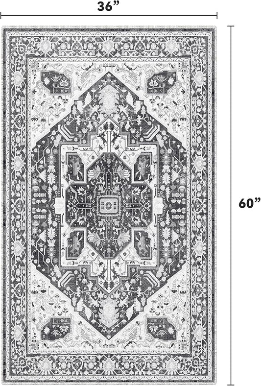 EnHomee 3x5 Washable Area Rugs for Bedroom, Boho Vintage Rugs, Foldable Area Rug for Dining Room, Non-Slip Soft Living Room Rug, Low Pile Large Carpet for Bathroom, Grey