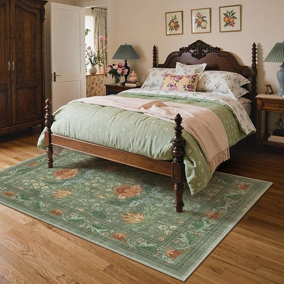 Bavni 5x7 Area Rugs for Living Room, Microfiber Machine Washable Non-Slip Vintage Floral Rug, Low Pile Lightweight Carpet for Bedroom, Dining Room, Home Office, Bean Green