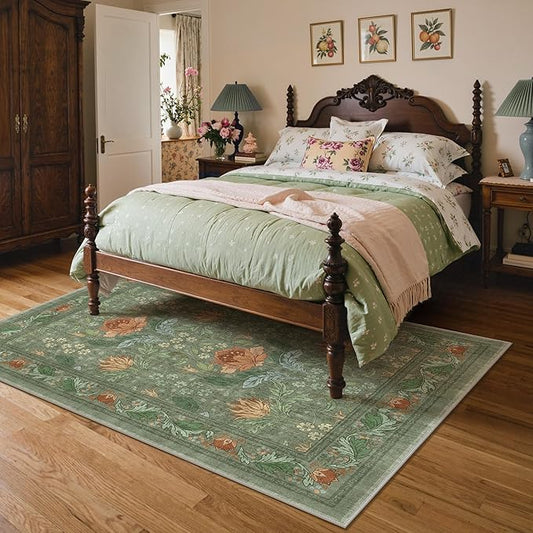 Bavni 5x7 Area Rugs for Living Room, Microfiber Machine Washable Non-Slip Vintage Floral Rug, Low Pile Lightweight Carpet for Bedroom, Dining Room, Home Office, Bean Green