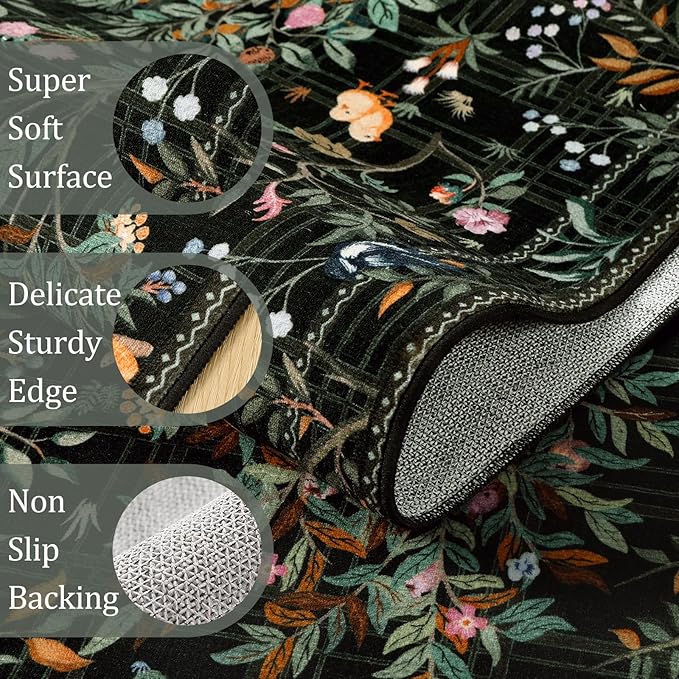 Morebes Floral Washable Rug Runners for Hallways Non Slip, Flower Kitchen Runner Rug 2x6, Boho Botanical Ultra-Thin Soft Floor Carpet for Bathroom Entryway Laundry Room, Black