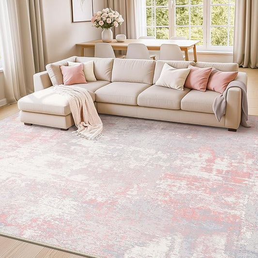 Washable Area Rugs 10'x14' Non-Slip Modern Abstract Soft for Living Room Entryway Bedroom Nursery, Print Pattern, Grey Pink