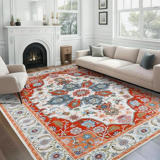WILLSUN Washable Area Rugs, 9x12 Non-Slip Boho Large Area Rugs for Living Room, Bedroom, Machine Washable Vintage Rug, Indoor Floral Print Carpet for Home Decor, Kid & Pet Friendly Mat