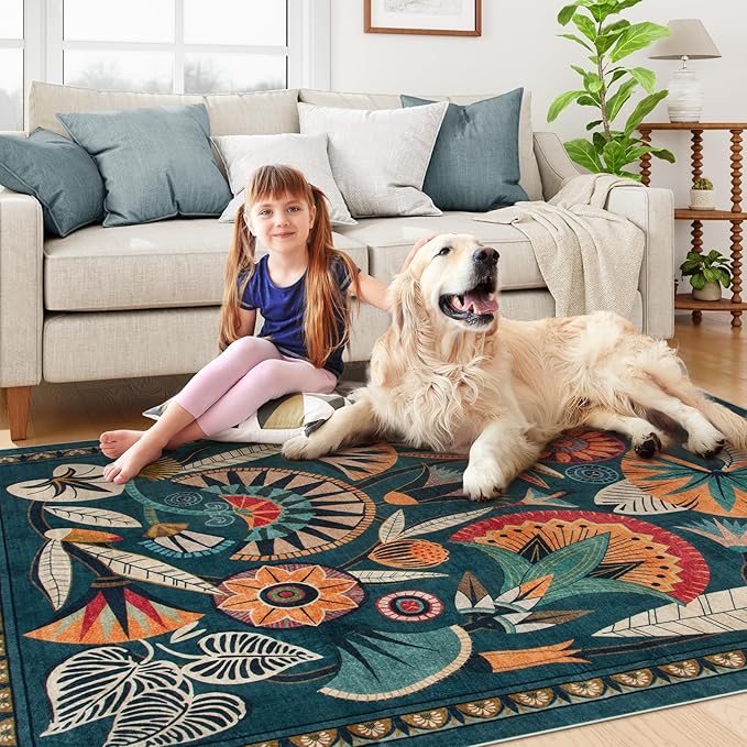 Boho Egypt Green Area Rugs for Living Room Bedroom, 5x7 Washable Large Dining Room Rug Non Slip, Floral Vintage Farmhouse Throw Carpet for Office Hardwood Floor Playroom (Dark Green,5 x 7)