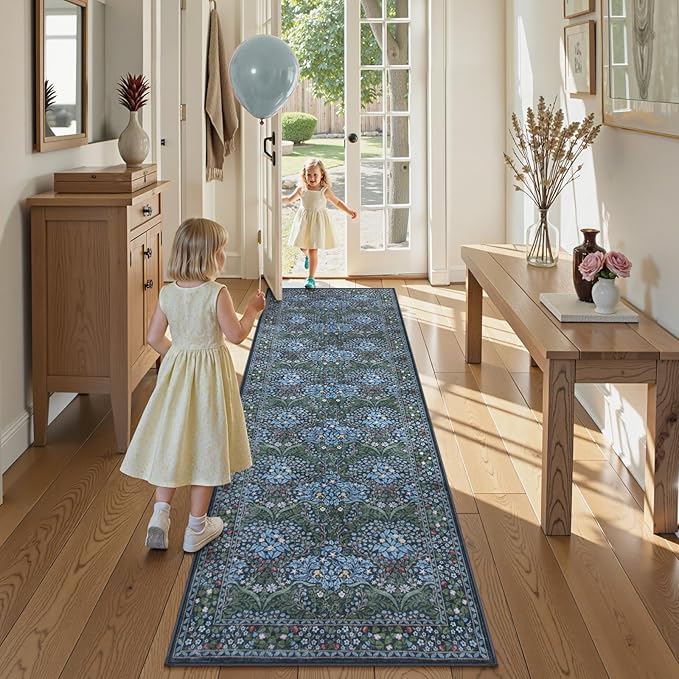 Lahome Floral Washable Kitchen Runner Rug, 2x6 Runners for Hallways Non Slip Ultra-Thin, Boho Soft Hallway Rug Forest Blue Carpet for Bedroom Bathroom Laundry Room, Blue