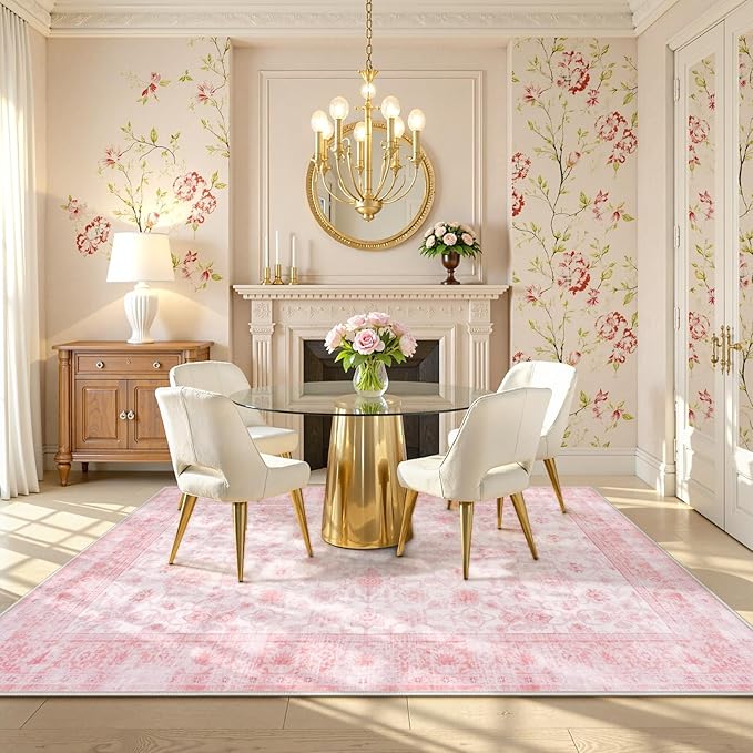 LIVEBOX Pink Area Rug 4x6, Vintage Living Room Rug Machine Washable Area Rugs, Pink Rugs for Bedroom Girls, Indoor Carpet for Dining Room Nursery Dorm Home Decor