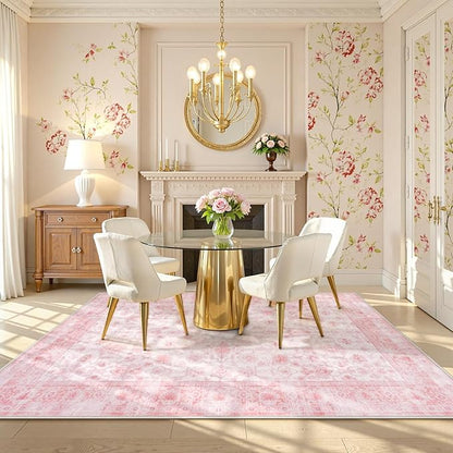 LIVEBOX Pink Area Rug 4x6, Vintage Living Room Rug Machine Washable Area Rugs, Pink Rugs for Bedroom Girls, Indoor Carpet for Dining Room Nursery Dorm Home Decor