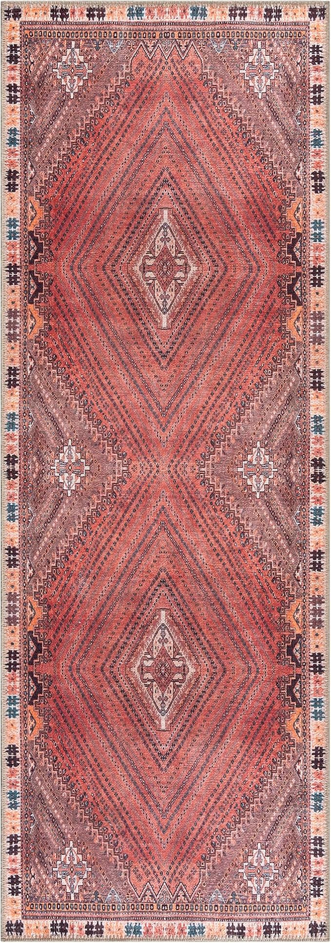 Bloom Rugs Washable Non-Slip 12 ft Runner - Red/Multicolor Traditional Bordered Runner for Entryway, Hallway, Bathroom, and Kitchen - Exact Size: 2.5' x 12'