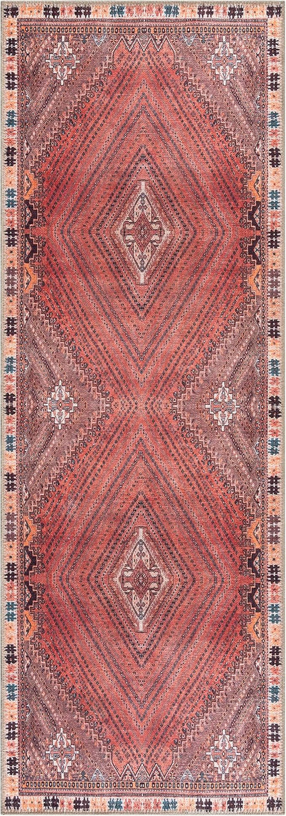 Bloom Rugs Washable Non-Slip 12 ft Runner - Red/Multicolor Traditional Bordered Runner for Entryway, Hallway, Bathroom, and Kitchen - Exact Size: 2.5' x 12'