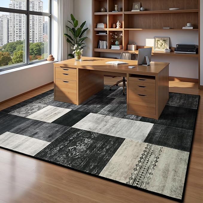 DweIke Washable Area Rugs for Living Room, 5x7 Soft Bedroom Rugs, Geometric Print Non-Slip Modern Rug, Stain Resistant Throw Carpets for Office Nursery Dining Room Home Dorm Decor, Black and White