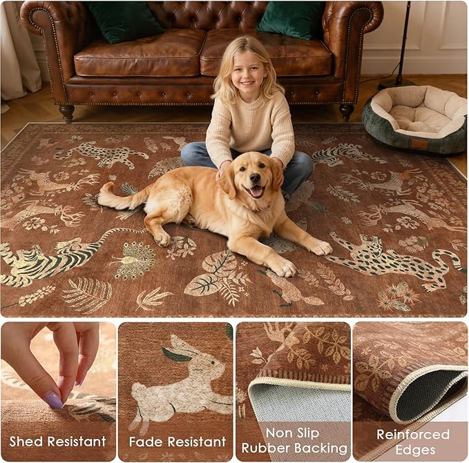 Moynesa Orange 8x10 Living Room Rugs, Vintage Peacock Floral Washable Area Rugs for Bedroom Dining Room Office Study, Low Pile Soft Non-Slip Easy Care Carpets for Fall Winter Home Decor