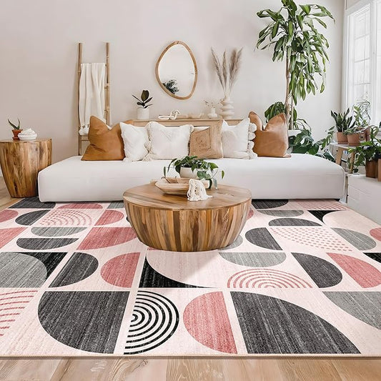 MUJOO Pink Washable Rugs 9x12,Boho Area Rugs for Living Room Bedroom Dining Room,Large Throw Floor Carpet Non Slip Soft Modern Abstract Pink and Grey