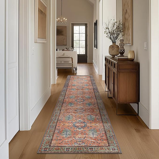 Bavni Bedroom Rug Runners for Hallways, Washable Runner Rug 2x10, Low Pile Non-Slip Indoor Throw Carpet for Bedroom Laundry Room, Terracotta/Blue