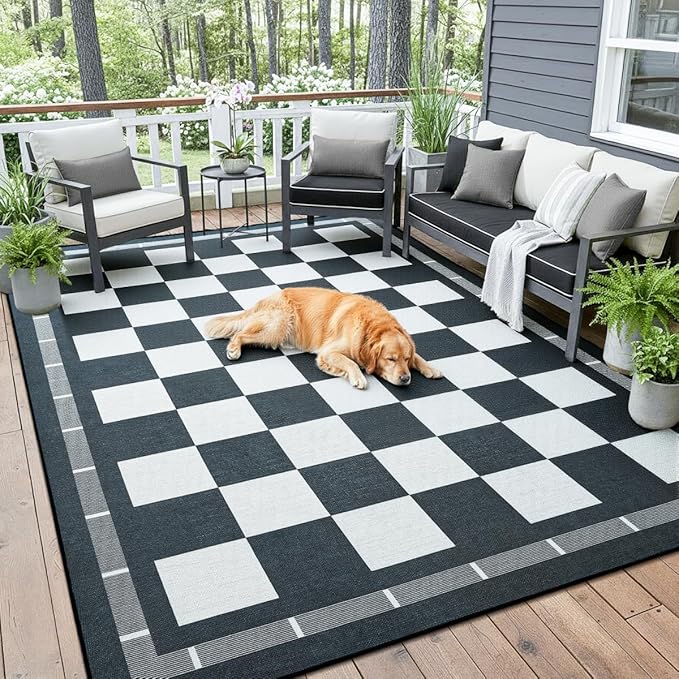 Vasofe Checkered Jute 6x9 Area Rugs, Washable Outdoor Patio Rug for Living Room Entrance Indoor Carpet, Non Slip Farmhouse Neutral Geometric Rugs for Bedroom Dining Room Backyard, Black and White