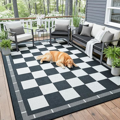 Vasofe Checkered Jute 6x9 Area Rugs, Washable Outdoor Patio Rug for Living Room Entrance Indoor Carpet, Non Slip Farmhouse Neutral Geometric Rugs for Bedroom Dining Room Backyard, Black and White