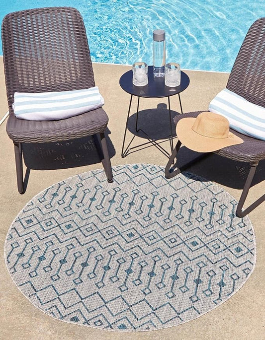 Unique Loom Outdoor Trellis Collection Area Rug - Tribal Trellis (10' 8" Round, Light Blue/ Ivory)