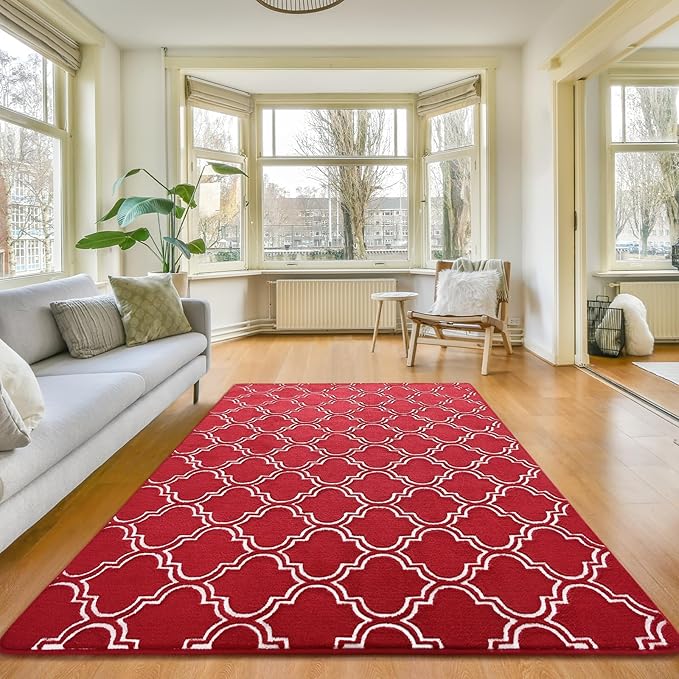 Amearea Fluffy Indoor Area Rug, Soft Trellis Moroccan Rugs for Bedroom, Shag Modern Area Rug for Living Room Kids Room Nursery, Easy Clean, Home Decor Low Pile Carpet, Wine Red 7x10 Feet