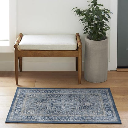 RUGGABLE Washable Area Rug – Kamran Admiral Blue 2x3, Stain-Resistant, Non-Slip – Small Machine Washable Rugs for Living Room, Bedroom, Hallway, Entryway & Bathroom–with Standard Pad