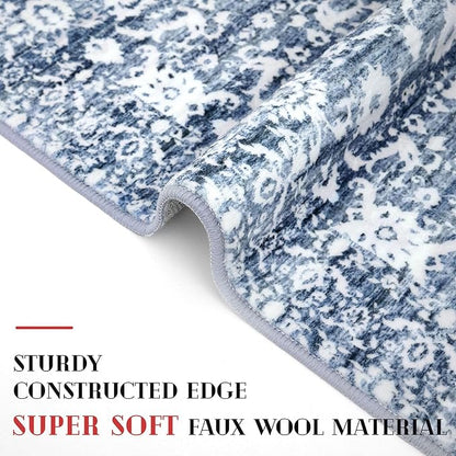 Vintage Runner Rug 2x12, Light Blue White Washable Long Kitchen Runner Non-Slip Floral Soft Hallway Rug Runner Thin Print Faux Wool Carpet for Entryway Bedroom Laundry Room Indoor Home Decor