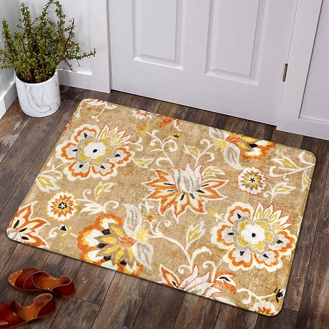 Lahome Floral Washable 2x3 Area Rug, Non-Slip Small Door Rugs for Entryway Indoor, Non-Shedding Tan Paisley Print Doormat Capet for Kitchen Bathroom Laundry Room Sink