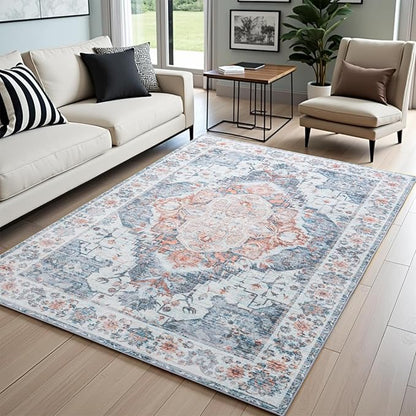 8x10 Area Rugs for Living Room, Machine Washable Non-Slip Low Pile Faux Wool Boho Vintage Carpet, Non-Shedding Large Rug for Bedroom Dining Room Office, Light Blue